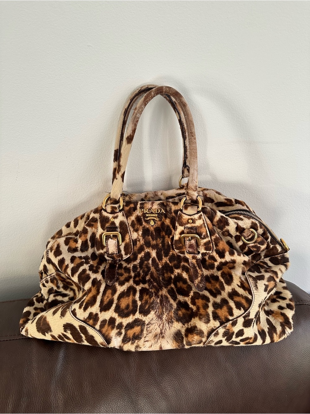 Prada Leopard-Print Calf Hair Satchel - Brown/Black/Beige bag / tote